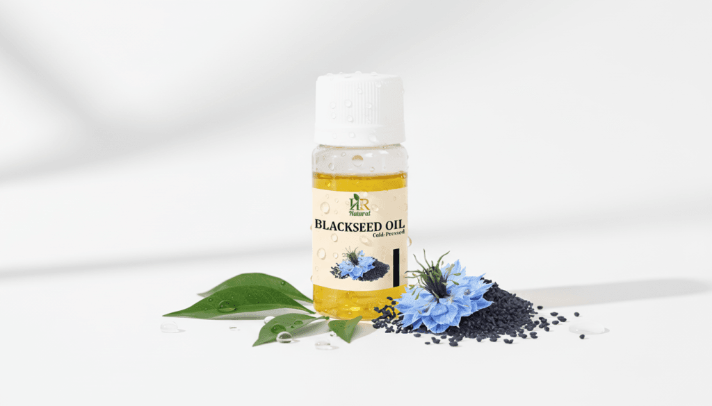 Black seed oil bottle with Nigella sativa seeds displayed on a clean background black seed oil benefits