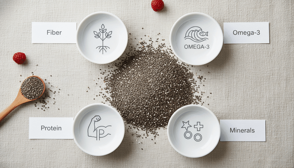 Flatlay of chia seeds with icons representing fiber, omega-3, protein, and minerals.