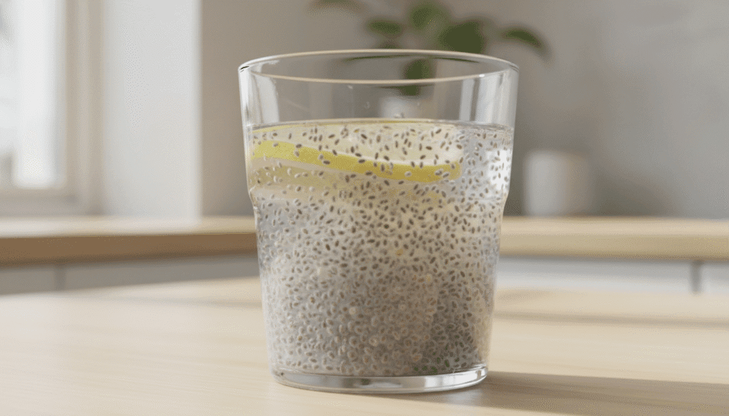 A clear glass of chia water with lemon slice, showing hydrated chia seeds for a weight management recipe.
