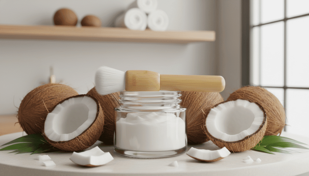 Virgin coconut oil in a kitchen setting being used for healthy cooking.