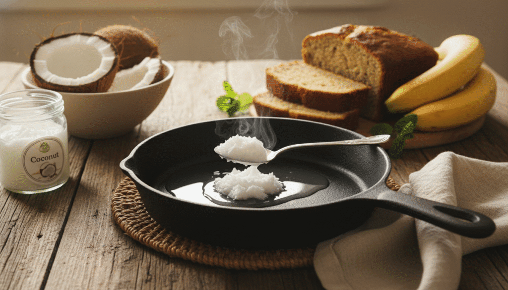 Coconut oil in a spoon for oil pulling and oral hygiene.