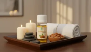 HR Natural almond oil in a spa setup with candles and massage stones.