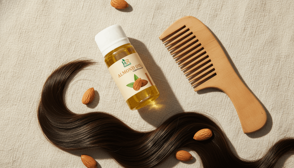 HR Natural almond oil placed beside a comb and smooth shiny hair strands.