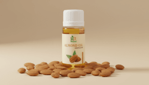 HR Natural cold-pressed almond oil bottle with almonds on a clean beige background. HR Natural cold pressed almond oil benefits