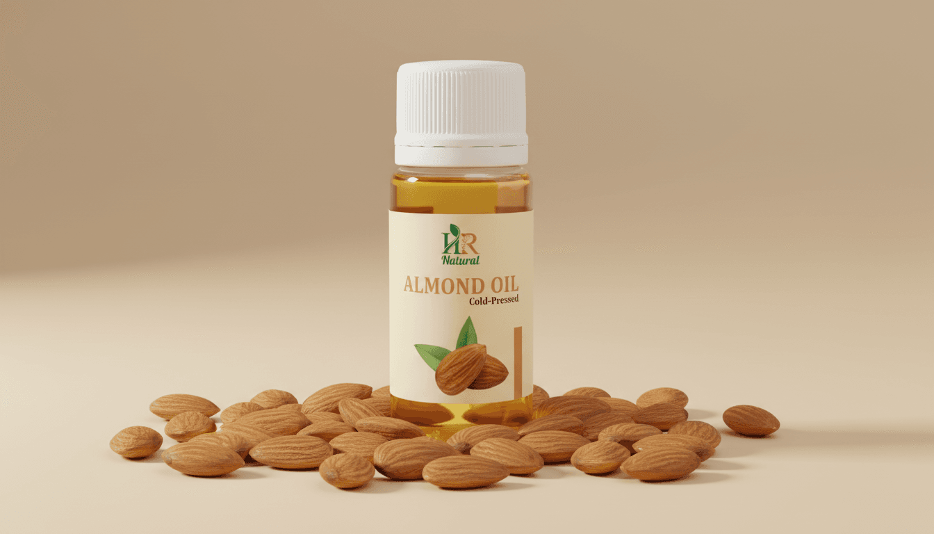 HR Natural cold-pressed almond oil bottle with almonds on a clean beige background. HR Natural cold pressed almond oil benefits