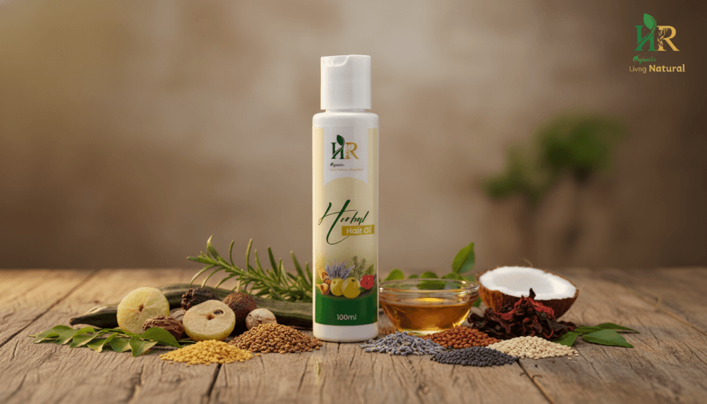 HR Natural herbal hair oil bottle with natural ingredients like amla, reetha, shikakai, fenugreek, rosemary, and hibiscus.