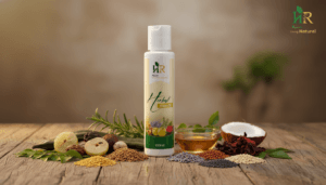 HR Natural herbal hair oil bottle with natural ingredients like amla, reetha, shikakai, fenugreek, rosemary, and hibiscus.