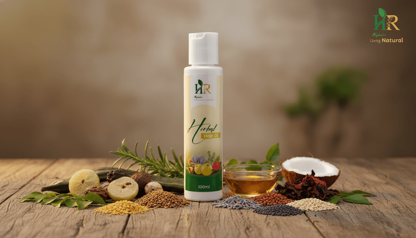 HR Natural herbal hair oil bottle with natural ingredients like amla, reetha, shikakai, fenugreek, rosemary, and hibiscus.