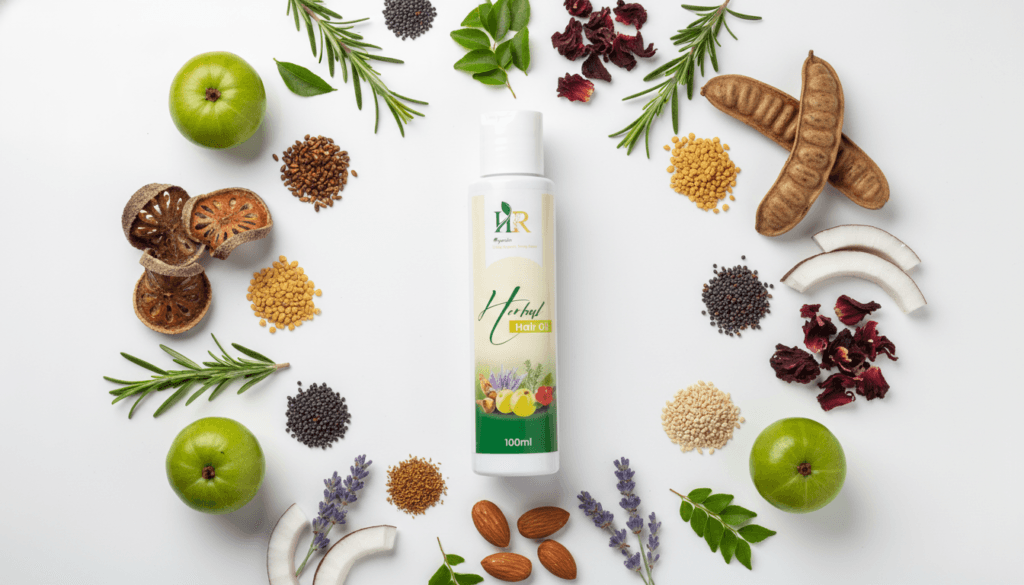 Amla, reetha, shikakai, fenugreek seeds, rosemary leaves, curry leaves, hibiscus, and lavender arranged for HR Natural oil.