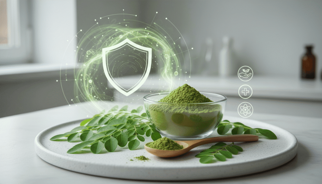 Moringa leaves and powder next to icons