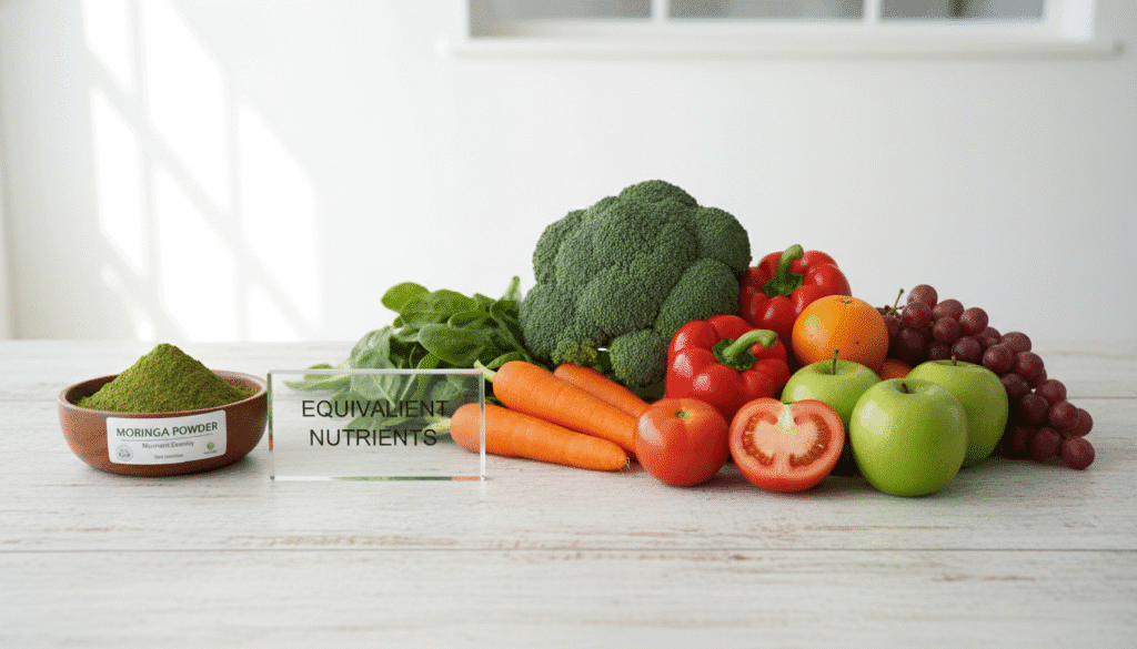 Moringa powder arranged with fresh vegetables