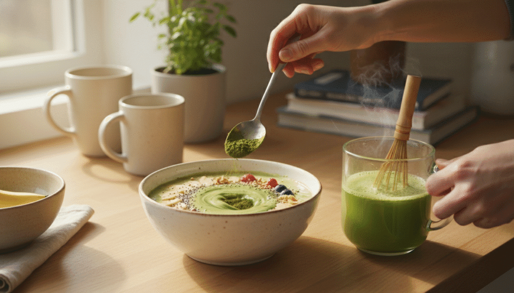 Moringa powder being mixed in a smoothie bowl
