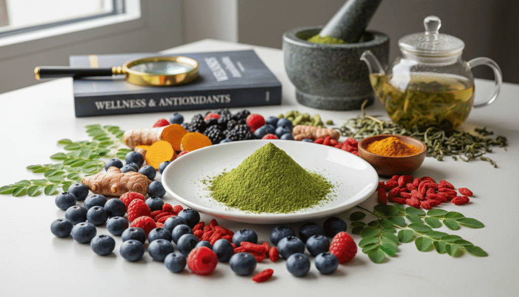 Moringa powder close-up with antioxidant-rich foods