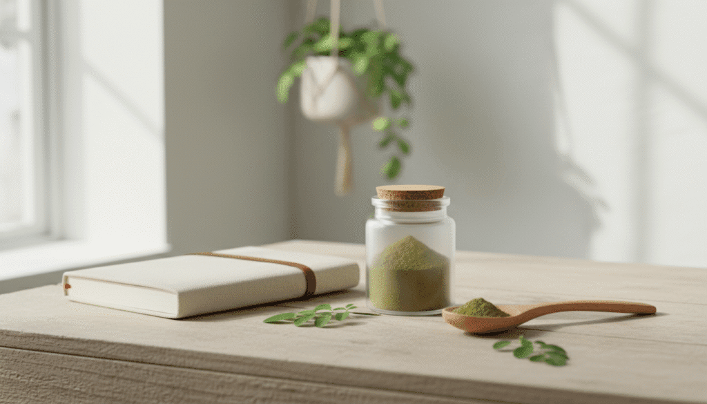 Moringa powder placed beside a closed notebook and a wooden spoon
