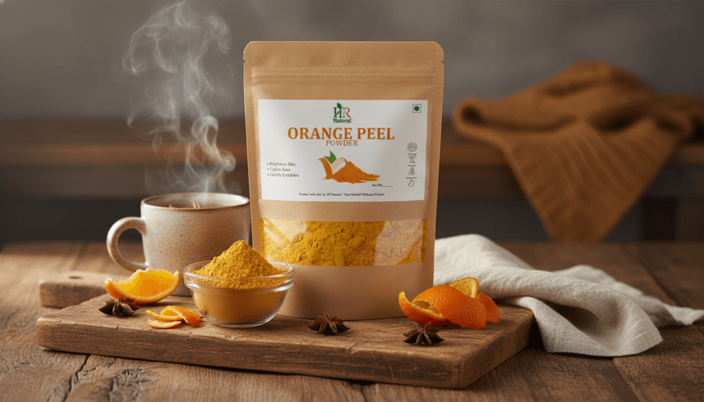 Orange peel powder benefits with exfoliating texture visuals for gentle skin polishing benefits.