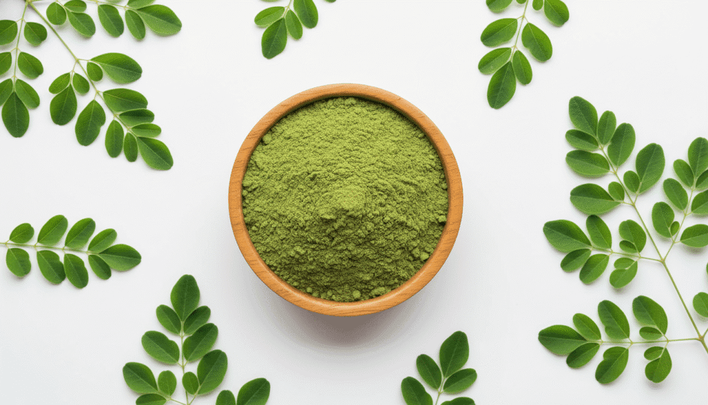 Natural flat lay of Moringa Powder