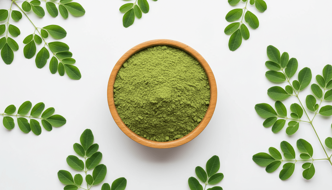 Natural flat lay of Moringa Powder