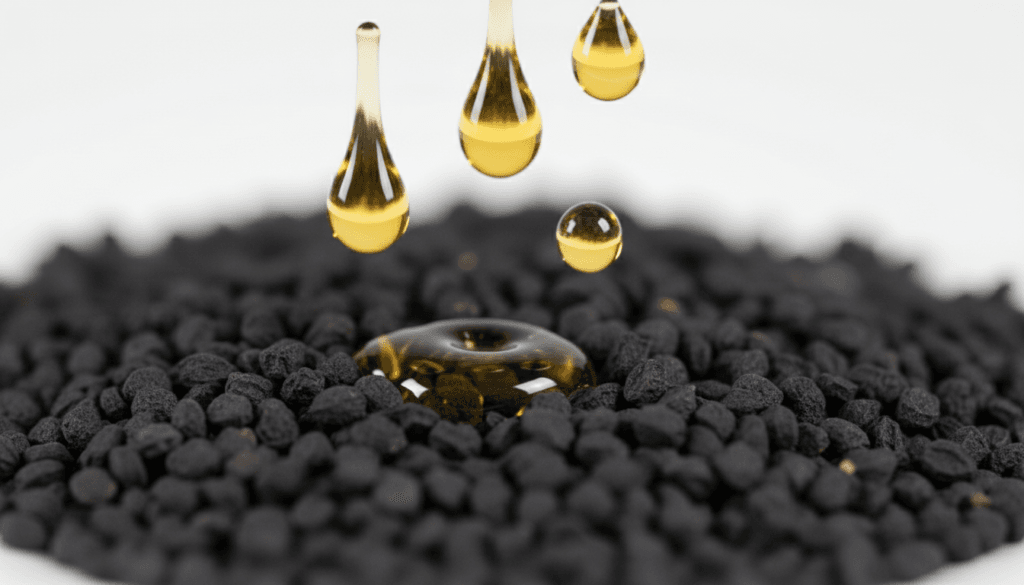 Close-up view of black cumin seeds and oil showing texture and purity