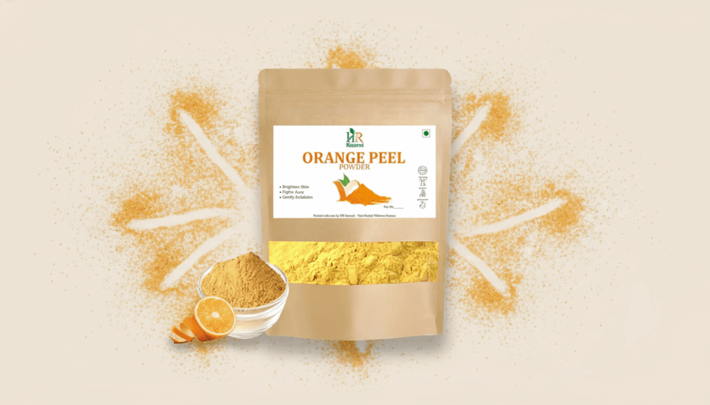 Orange peel powder product photo with graphics showing pigmentation control and even-toning benefits.