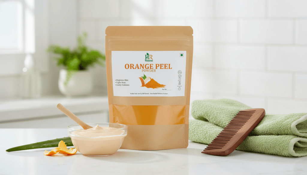 Orange peel powder with natural haircare elements like aloe and comb for dandruff and shine benefits.