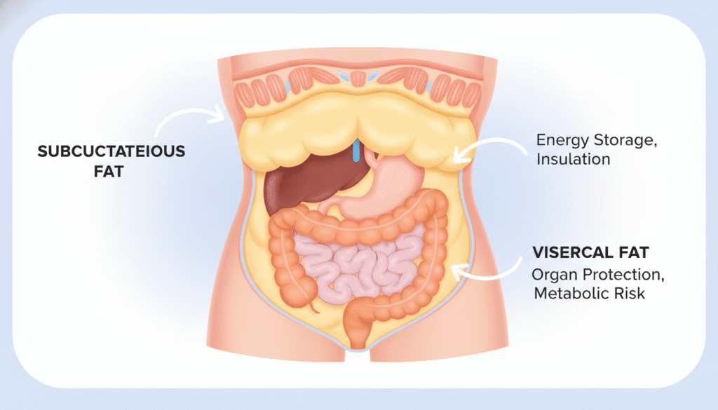 Illustration showing the difference between subcutaneous fat and visceral fat in the abdomen.
