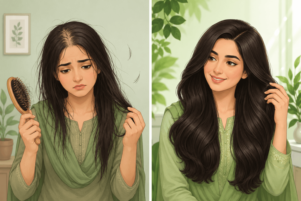 Before and after using herbal hair oil for hair fall treatment in Pakistan